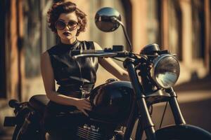 Woman in a black leather dress, posed in a '50 style with a vintage motorcycle. Generative AI photo