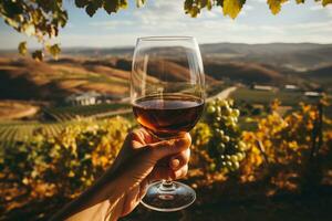 A close-up shot of hands holding a glass of red wine against the backdrop of beautiful grapevines and rolling hills. Generative ai photo