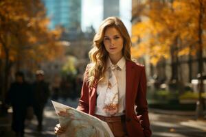 A confident female tour guide holding a city map, showcasing the city's iconic skyline in the background. Generative Ai photo