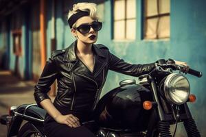Woman in a black leather dress, posed in a '50 style with a vintage motorcycle. Generative AI photo