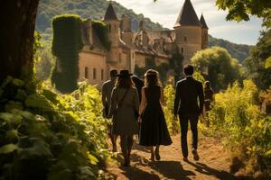 A group of wine enthusiasts walking through lush vineyards, guided by an experienced sommelier, with picturesque chateaus in the background. Generative AI photo