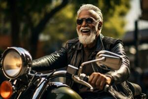 A senior hipster, aged around 72, wearing a vintage leather motorcycle jacket and aviator sunglasses, straddling a retro motorcycle in an urban environment. Generative Ai photo