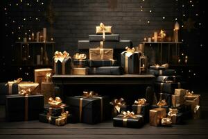 A black table with gold accents, covered in neatly wrapped Christmas gifts and elegant wrapping paper, showcasing the art of gift wrapping in a minimalistic setting. Generative Ai photo