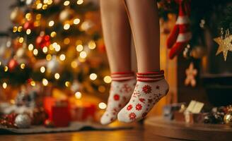 de cerca de mujer pies en Navidad medias, decorando un festivo Navidad árbol con vistoso adornos generativo ai foto
