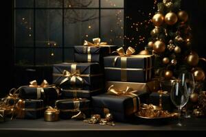 A black table with gold accents, covered in neatly wrapped Christmas gifts and elegant wrapping paper, showcasing the art of gift wrapping in a minimalistic setting. Generative Ai photo