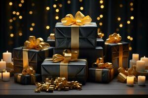 A black table with gold accents, covered in neatly wrapped Christmas gifts and elegant wrapping paper, showcasing the art of gift wrapping in a minimalistic setting. Generative Ai photo