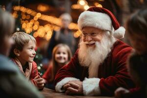 Santa Claus engaging with children at a bustling Christmas market. Santa listens attentively to a child's wishes while others eagerly wait in line to meet him. Generative Ai photo