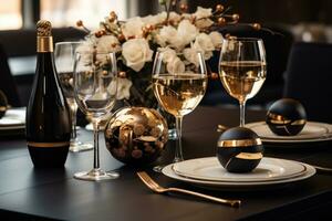 A black and gold-themed brunch table with minimalistic tableware, champagne flutes, and holiday treats, perfect for a sophisticated holiday gathering. Generative Ai photo