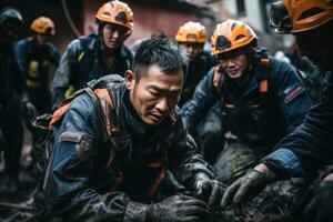 A highly trained urban search and rescue team wearing protective gear as they delicately extract a survivor from the rubble of a collapsed building. photo