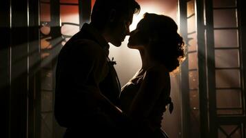 A low-angle shot of a tango dancer's passionate embrace on a vintage theater stage, the dramatic lighting casting sensual shadows and highlighting the intensity of their connection. Generative Ai photo