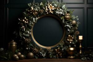 A minimalist black room with a focus on a stunning gold Christmas wreath hanging on the wall, adding a touch of festive elegance to the space. Generative Ai photo