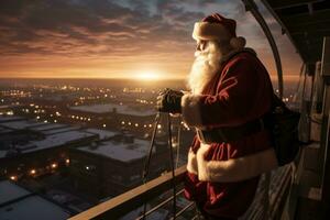 Santa Claus, illuminated at sunrise, as he prepares to descend from the rooftop to deliver gifts. The composition captures the anticipation and wonder of Santa's arrival. Generative Ai photo