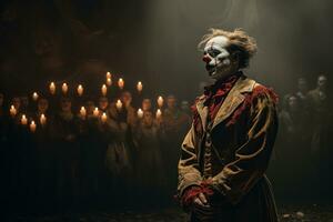 Creepy clown in full makeup and costume, standing alone on a dimly lit stage, capturing the unsettling nature of a solo performance. Generative Ai photo