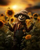 A whimsical scarecrow in a sunflower-filled field, with a big smile and outstretched arms, exuding a sense of warmth and autumn charm. Generative AI photo