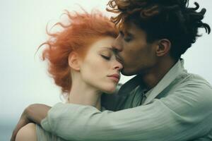 Man and a woman with fiery red hair embrace each other in a tender hug. Their affectionate gesture is testament to the strong bond they share. Color Toned Image. Generative AI photo