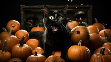 A humorous mischievous black cat knocking over a stack of pumpkins. Generative Ai photo