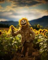 A whimsical scarecrow in a sunflower-filled field, with a big smile and outstretched arms, exuding a sense of warmth and autumn charm. Generative AI photo