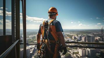 A construction foreman inspecting the safety measures and harnesses of workers on a suspended platform outside a skyscraper. Generative Ai photo