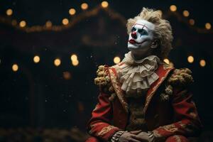 Creepy clown in full makeup and costume, standing alone on a dimly lit stage, capturing the unsettling nature of a solo performance. Generative Ai photo