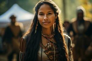 retrato de nativo americano mujer en un pueblo a un en el bosques generativo ai foto