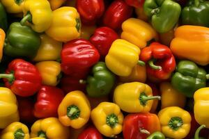 Close up of fresh red , yellow, orange, green peppers , top view, seamless pattern. Generative Ai photo