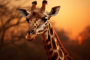 Graceful giraffe against the African sunset, its long neck elegantly extended, with the warm hues of the sky and the silhouette of acacia trees in the background. Generative Ai photo