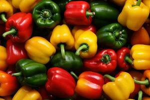 Close up of fresh red , yellow, orange, green peppers , top view, seamless pattern. Generative Ai photo