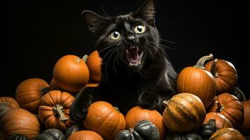 A humorous mischievous black cat knocking over a stack of pumpkins. Generative Ai photo