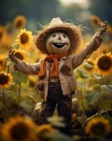 un caprichoso espantapájaros en un relleno de girasol campo, con un grande sonrisa y extendido brazos, exudando un sentido de calor y otoño encanto. generativo ai foto