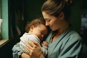 Caregiver gently cradling an infant with exaggerated tenderness, captured in a uniformly staged setting that evokes a sense of warmth and protection. Generative Ai photo