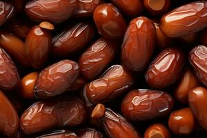 Closeup of tasty sweet dried dates, top view, seamless pattern. Generative Ai photo