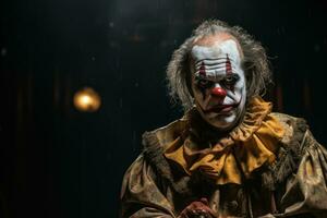 Creepy clown in full makeup and costume, standing alone on a dimly lit stage, capturing the unsettling nature of a solo performance. Generative Ai photo