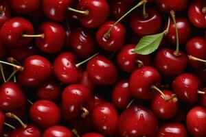 Close up of fresh delicious cherries , top view, seamless pattern. Generative Ai photo