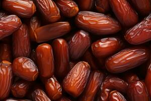 Closeup of tasty sweet dried dates, top view, seamless pattern. Generative Ai photo