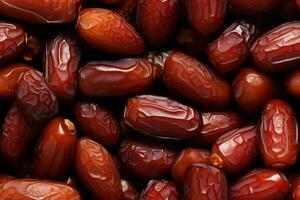 Closeup of tasty sweet dried dates, top view, seamless pattern. Generative Ai photo