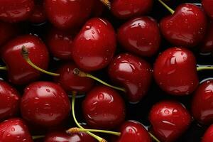 Close up of fresh delicious cherries , top view, seamless pattern. Generative Ai photo