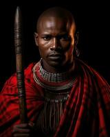 Maasai warrior in traditional attire, standing against a backdrop of the African landscape, holding a spear and shield. Generative AI photo