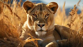 Majesty of a lioness resting in the golden savannah grass, with a backdrop of acacia trees and the African wilderness. Generative Ai photo