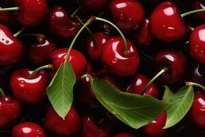 Close up of fresh delicious cherries , top view, seamless pattern. Generative Ai photo