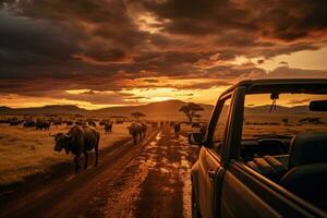 A safari vehicle driving through the expansive Serengeti plains at sunset, with a herd of wildebeests in the distance, showcasing the vastness and adventure of an African safari. Generative AI photo