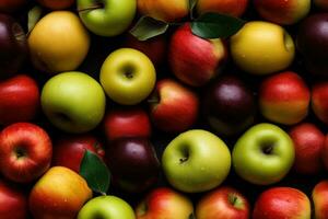 Close up of fresh red, green, yellow apples , top view, seamless pattern. Generative Ai photo