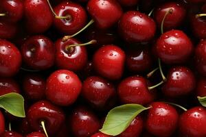 Close up of fresh delicious cherries , top view, seamless pattern. Generative Ai photo