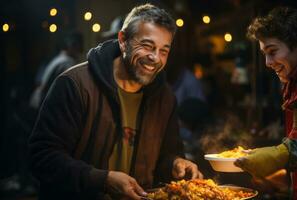 A close-up shot of a kind-hearted volunteer serving a warm meal to a person experiencing homelessness, emphasizing compassion and human connection. Generative AI photo