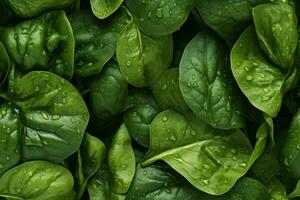 Close up of fresh spinach leaf , top view, seamless pattern. Generative Ai photo