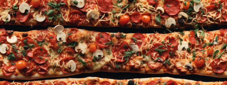 Closeup of many mixed pizzas, top view, seamless pattern. Generative Ai photo