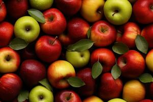Close up of fresh red, green, yellow apples , top view, seamless pattern. Generative Ai photo