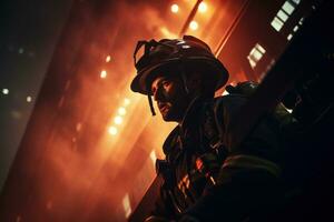 Low angle view of a firefighter heroically scaling the exterior of a skyscraper to rescue a trapped individual from a terrorist attack, highlighting bravery and emergency response. Generative Ai photo