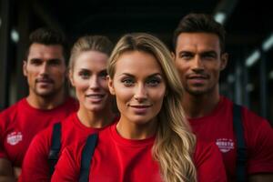 Advertising portrait shot of a Lifeguard team standing together in a beach and they look at the camera. Generative Ai photo