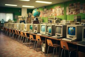 un salón de clases lleno con Clásico Años 80 ordenadores, destacando el evolución de tecnología y el sencillez de temprano computadora sistemas generativo ai foto