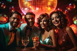 un grupo de amigos disfrutando cócteles y la risa a el bar dentro discoteca, con disco pelota reflexiones y neón luces creando un animado y retro ambiente generativo ai foto